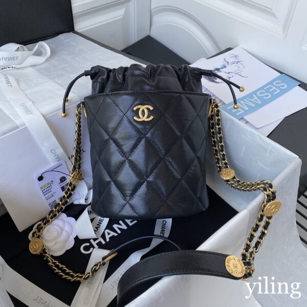 Chanel Mini Black Gold Coin Bucket Bag | Chanel Mini Black Gold Coin Bucket Bag For Sale