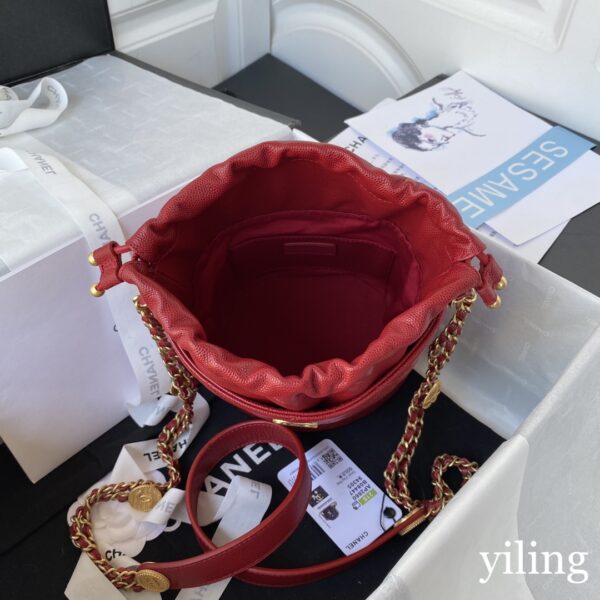 Chanel Mini Red Gold Coin Bucket Bag - Image 5