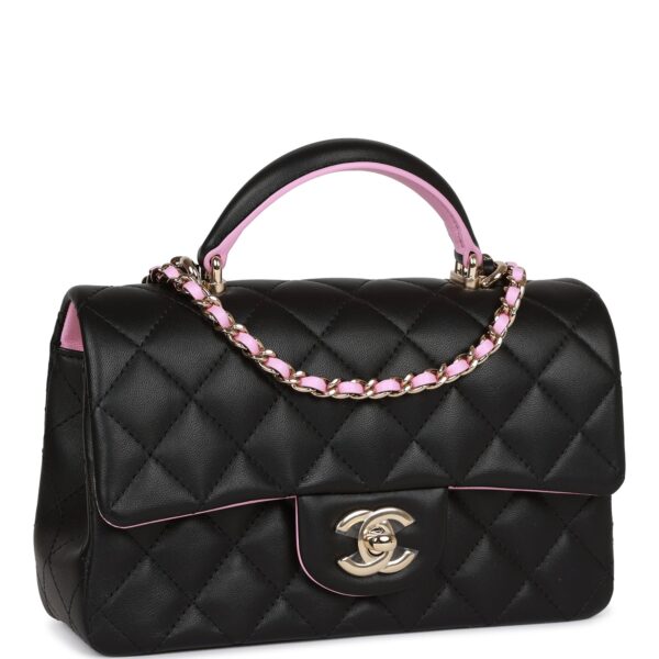 Chanel Mini Rectangular Flap Bag with Top Handle Black and Pink Lambskin Light Gold Hardware - Image 2