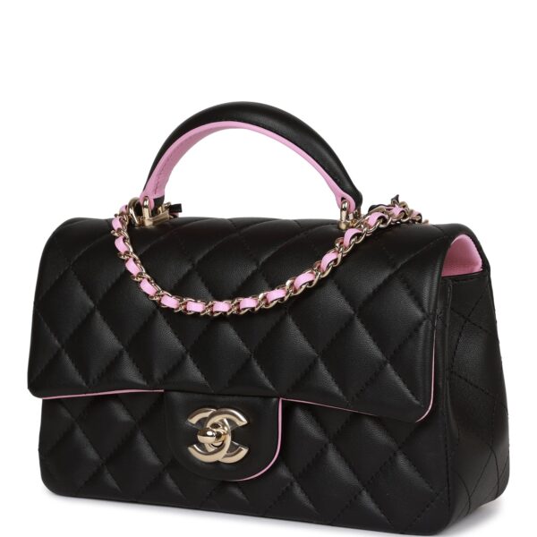 Chanel Mini Rectangular Flap Bag with Top Handle Black and Pink Lambskin Light Gold Hardware - Image 8