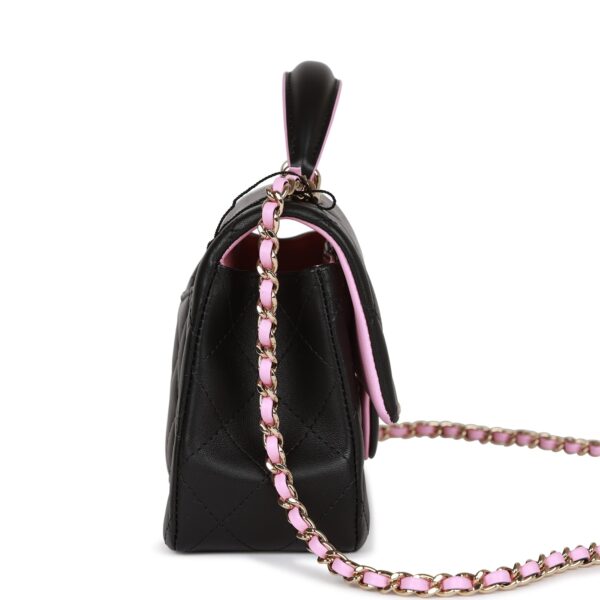 Chanel Mini Rectangular Flap Bag with Top Handle Black and Pink Lambskin Light Gold Hardware - Image 10