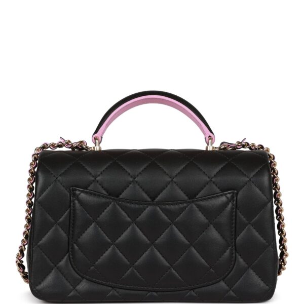 Chanel Mini Rectangular Flap Bag with Top Handle Black and Pink Lambskin Light Gold Hardware - Image 9