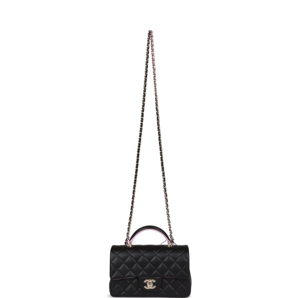 Chanel Mini Rectangular Flap Bag with Top Handle Black and Pink Lambskin Light Gold Hardware - Image 6