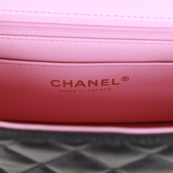 Chanel Mini Rectangular Flap Bag with Top Handle Black and Pink Lambskin Light Gold Hardware - Image 4