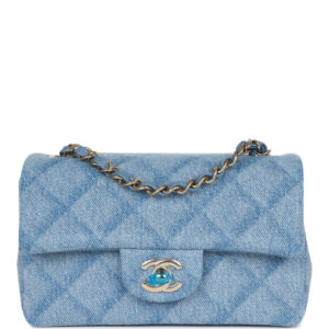 Chanel Mini Rectangular Flap Bag Blue Denim Light Gold