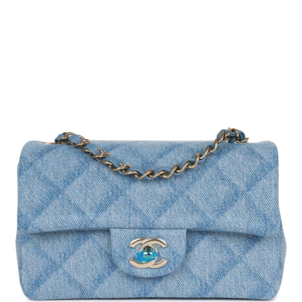 Chanel Mini Rectangular Flap Bag Blue Denim Light Gold