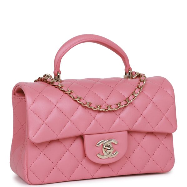 Chanel Mini Rectangular Flap with Top Handle Dark Pink Lambskin Light Gold Hardware - Image 2