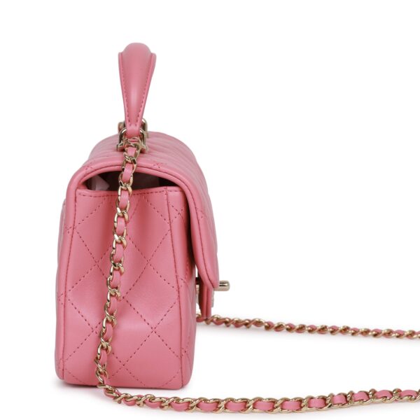 Chanel Mini Rectangular Flap with Top Handle Dark Pink Lambskin Light Gold Hardware - Image 9