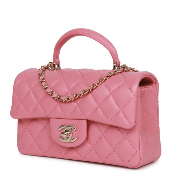 Chanel Mini Rectangular Flap with Top Handle Dark Pink Lambskin Light Gold Hardware - Image 7