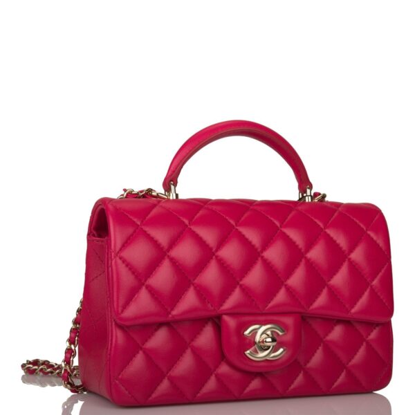 Chanel Mini Rectangular Flap with Top Handle Dark Pink Lambskin Light Gold Hardware - Image 7