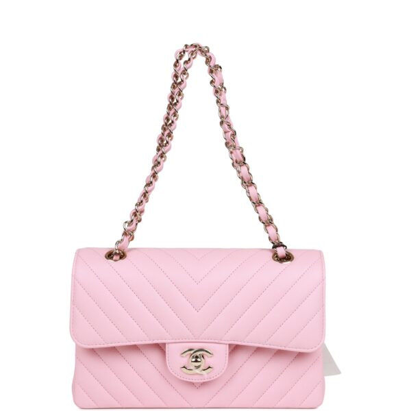 Chanel Mini Chevron Classic Double Flap Pink Calfskin Light Gold Hardware - Image 5