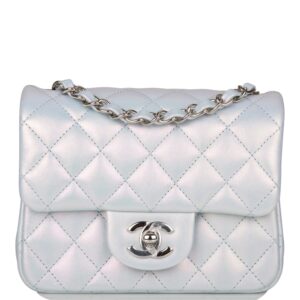 Chanel Mini Square Flap Bag Blue Iridescent Lambskin Silver